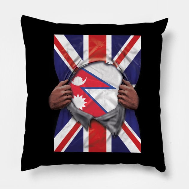 Nepal Flag Great Britain Flag Ripped - Gift for Nepalese From Nepal Pillow by Country Flags