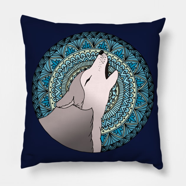 Wolf Howling Moon Mandala Pillow by julieerindesigns