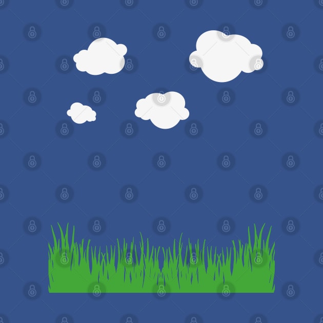 cloud and grass, white clouds green grass blue tee, sky t-shirt, blue sky cloud and grass, retro 8-bit clouds by OurCCDesign