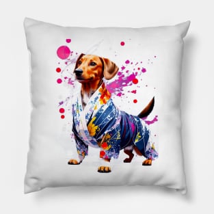 Vibrant Dachshund in Colorful Kimono Inspired by Japanese Culture Pillow