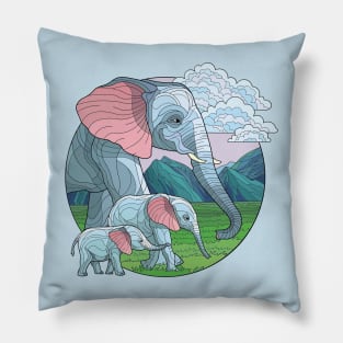 Serenity of the Savanna: Stained Glass Style Circle Design T-Shirt with Elephant and Calves Pillow