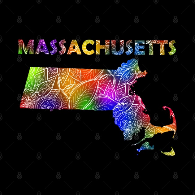 Colorful mandala art map of Massachusetts with text in multicolor pattern by Happy Citizen