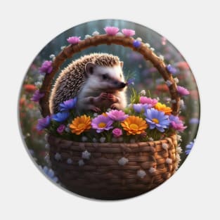 Baby Hedgehog in a Flower Basket Pin