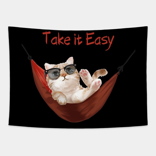 Take It Easy. Cute Cat in Sunglasses Relaxing in Red Hammock Tapestry by Protshirtdesign