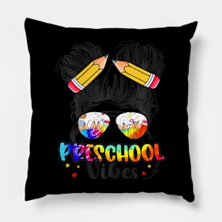 Preschool Vibes Messy Hair Bun Girl Back To School First Day Pillow