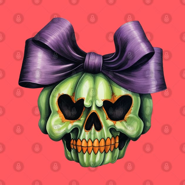 Cute Halloween green Skull with big bow by LaartStudio