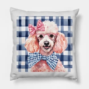 Poodle in pink glasses on blue gingham Pillow