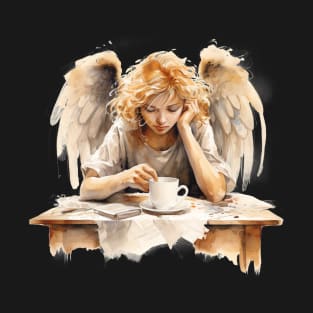 Sleepy Angel Before Coffee Watercolor Style T-Shirt