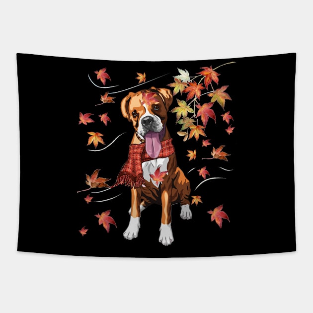 Maple Dog Leaf Fall Hello Autumn Funny Boxer Lover Tapestry by MarrinerAlex