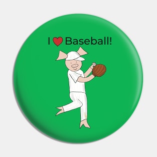 I love Baseball! Left-handed Pig baseball player, pitcher, blue, baseball Pin