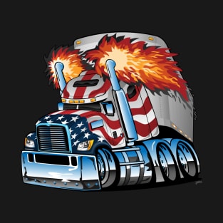 Patriotic American Flag Semi Truck Tractor Trailer Big Rig Trucker Cartoon T-Shirt