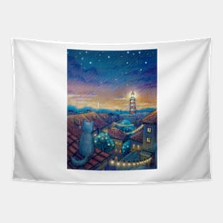 Roof cat and lighthouse Tapestry