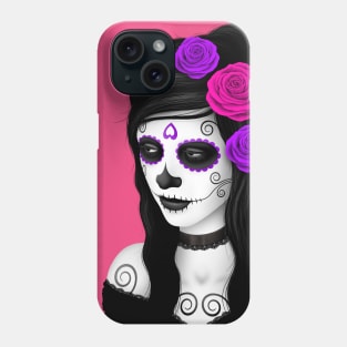 Day of the Dead Girl with Pink and Purple Roses Phone Case