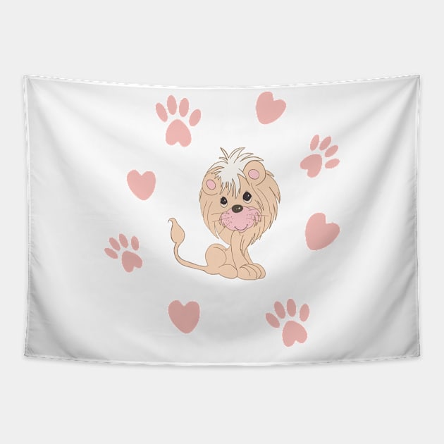 Cute Lion Cub with Paw Prints and Hearts Tapestry by Orchyd