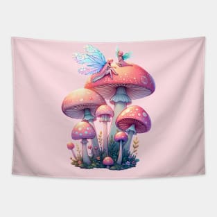 Whimsical Cottagecore Fairycore Mushrooms with Fairies Tapestry