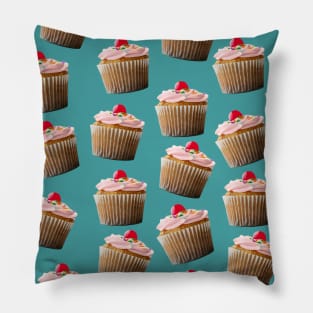 Cherry on Top Cupcakes with Sprinkles and Pink Frosting Decoration Pattern on Teal Pillow