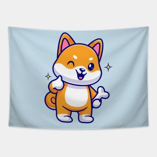 Cute Shiba Inu Holding Bone With Thumb Up Cartoon Tapestry