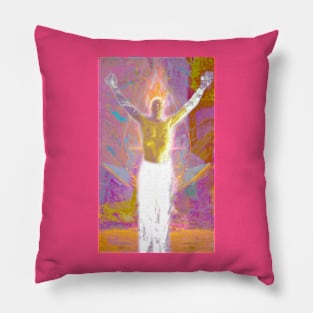 Portrait, digital collage and special processing. Shirtless man, stands. All chakras opened. Mystic. Bright, colorful. Pillow