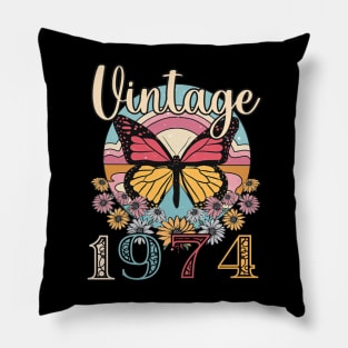 Floral Butterfly Retro Vintage 1974 49th Birthday Pillow