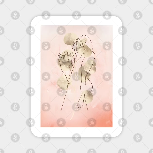 Feet line art, minimal design print, pink background and delicate foliage Magnet by KINKDesign