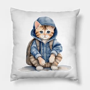 cute streat cat wearing a hoodie and a backpack Pillow