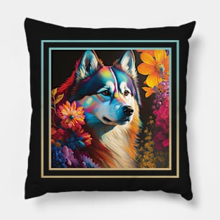 Angelic Siberian Husky Floral Tropical Digital Oil Painting Portrait Pillow