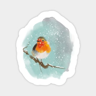 Robin on a tree branch in the snow Magnet