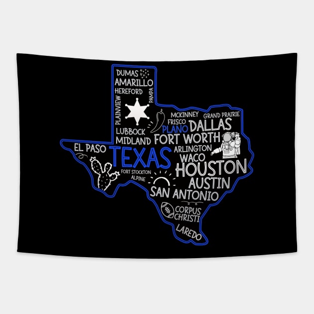 Plano Texas cute map Houston San Antonio Dallas Austin Fort Worth El Paso Tapestry by BoogieCreates