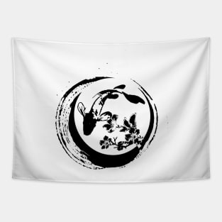 Koi fish an sakura flower in black and white background pattern Tapestry