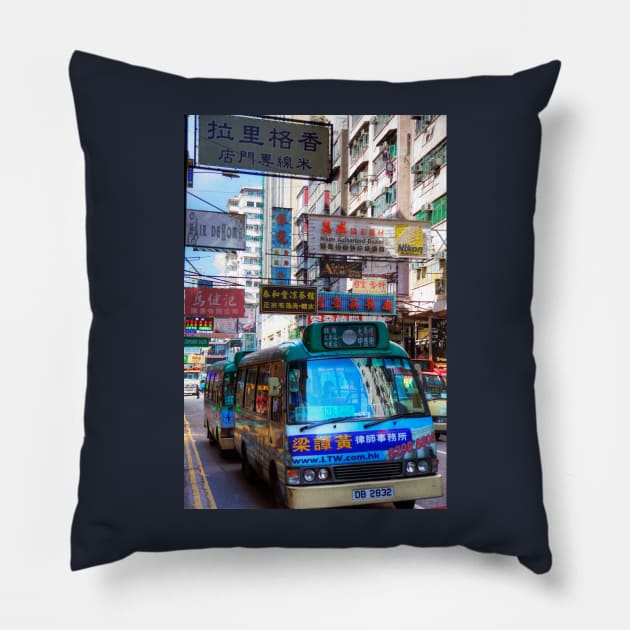 Hong Kong Buses And Signs Pillow by tommysphotos