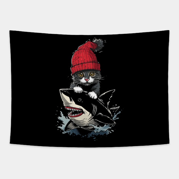 Cat Riding Shark Whiskered Adventure Tapestry by BilodeauBlue