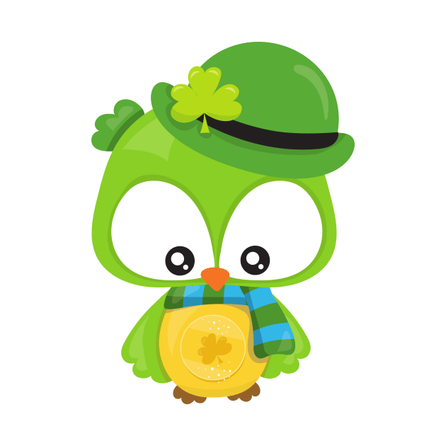 Saint Patrick's Day Owl, Clovers, Leprechaun Hat by Jelena Dunčević