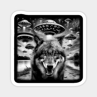 Lunar Lupines Elevate Your Style with Wolf UFO Tees Magnet