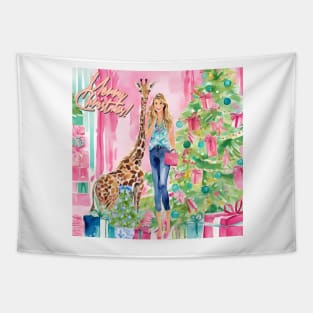 Preppy girl and giraffe decorating Christmas tree Tapestry