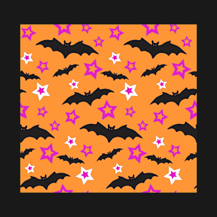 Happy Halloween Bats and Stars Orange Spooky Funny Pattern T-Shirt