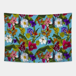 Tropical Flowers on Caribbean blue Tapestry