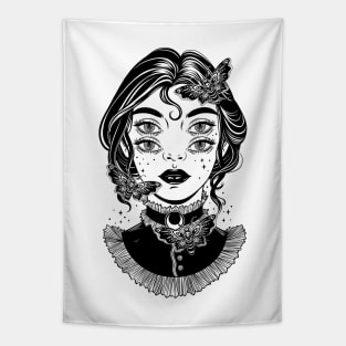 Cute victorian witch with butterflies and four eyes Tapestry