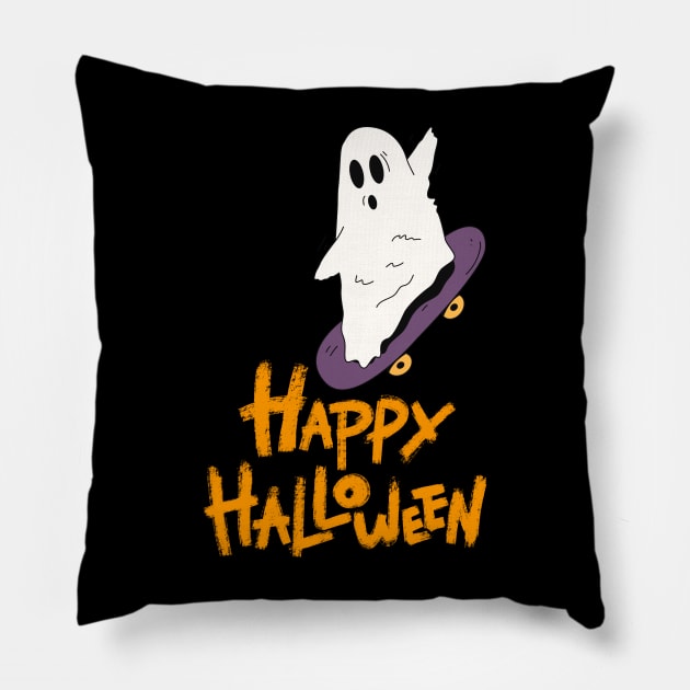 Ghost Skateboard Lazy Halloween Costume Funny Skateboarding Pillow by BukovskyART