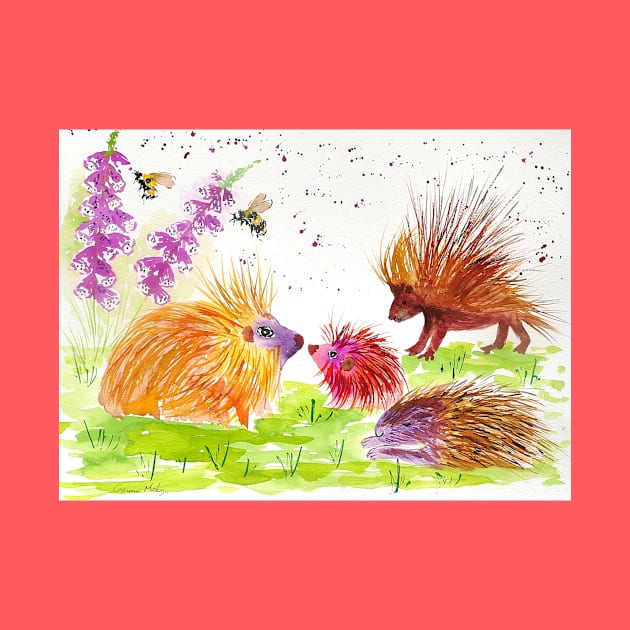 Colorful Porcupines among flowers by Casimirasquirkyart