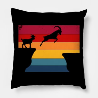 Vintage Retro Sunset Mountain Goats Jump Over Gap Pillow