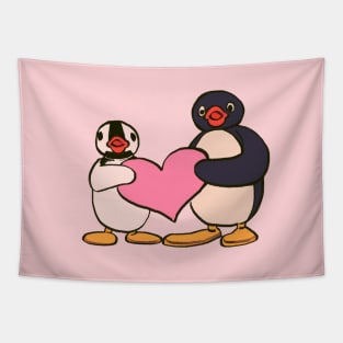 cute pingu and pinga penguin holding heart Tapestry