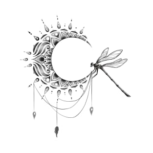 Intricate Half Crescent Moon with Dragonfly Tattoo Design T-Shirt