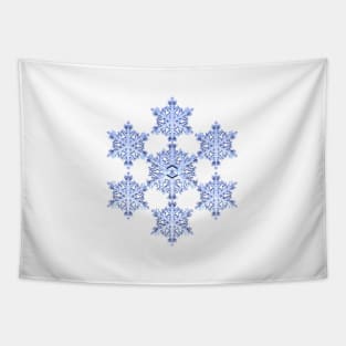 Blue Fractal Snowflake on White Tapestry