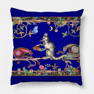 WEIRD MEDIEVAL BESTIARY THREE HUNTER CATS AND MOUSE IN BLUE NIGHT Pillow