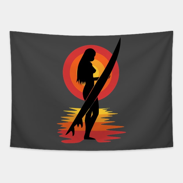 Surfer girl silhouette sunset Tapestry by All About Nerds