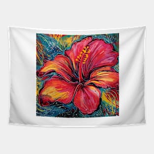 Red and Orange Hibiscus Flower in art brut style Tapestry