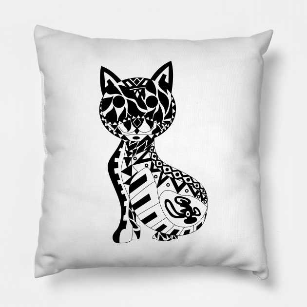 the mandala cat in cute kawaii pattern ecopop zentangle ink wallpaper Pillow by jorge_lebeau