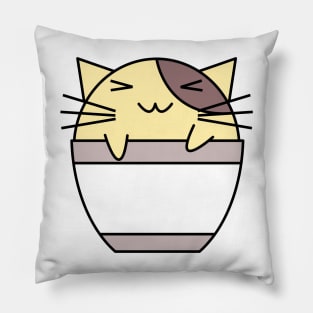 Happy cat in coffee cup with warped text yellow and brown Pillow