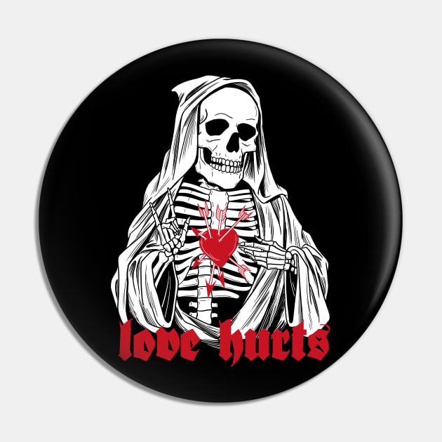 Love Hurts Death is Forever Skull Valentines Pin by Juandamurai