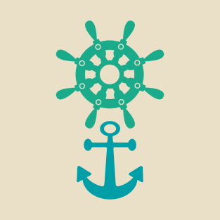 NAUTICAL SHIP'S WHEEL AND ANCHOR Coastal Seashore Boat Wheel - UnBlink Studio by Jackie Tahara T-Shirt